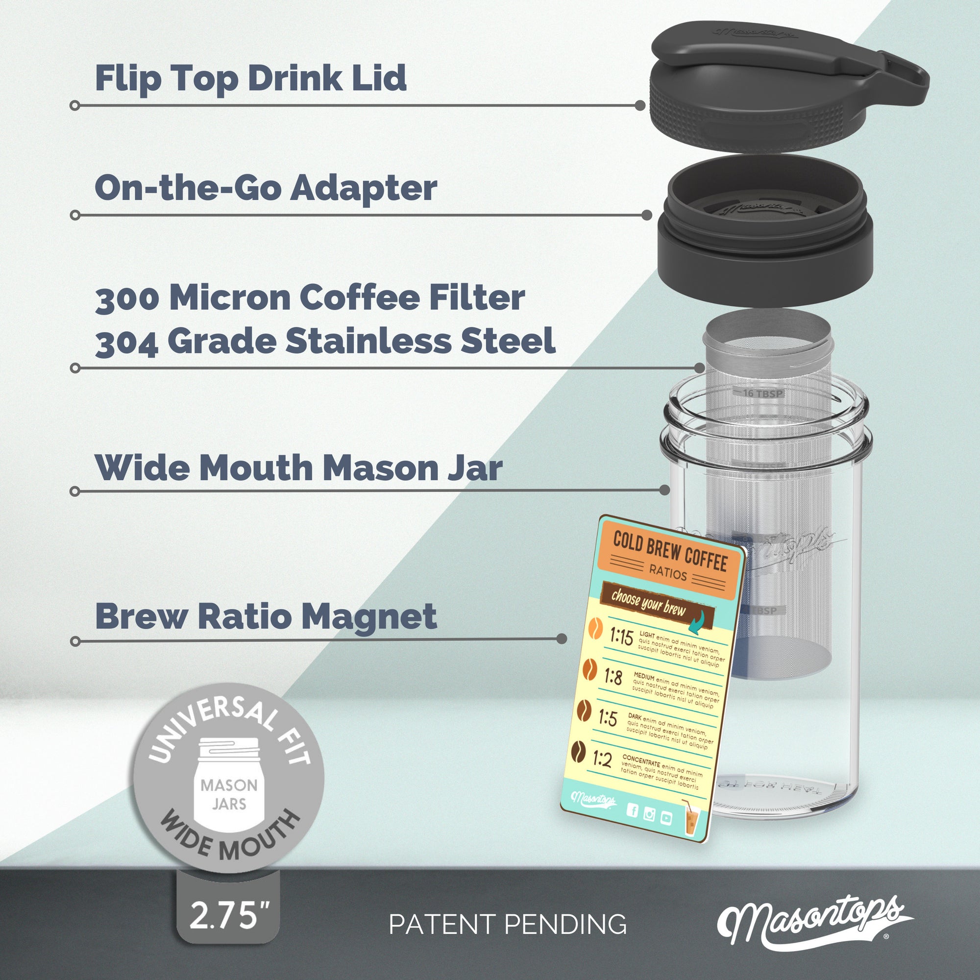 Cold Brew Coffee Maker Kit: Wide Mouth Mason Jar with Screw Top Lid, Stainless Steel Filter for Delicious Brewed Coffee, Infused Tea, Alcohol - 1
