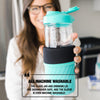 blue mason jar water bottle set being held by a woman