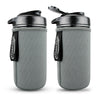 two mason jar water bottles with grey sleeves on on a white background