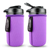 two mason jar bottles with black lids and purple sleeves on a white background