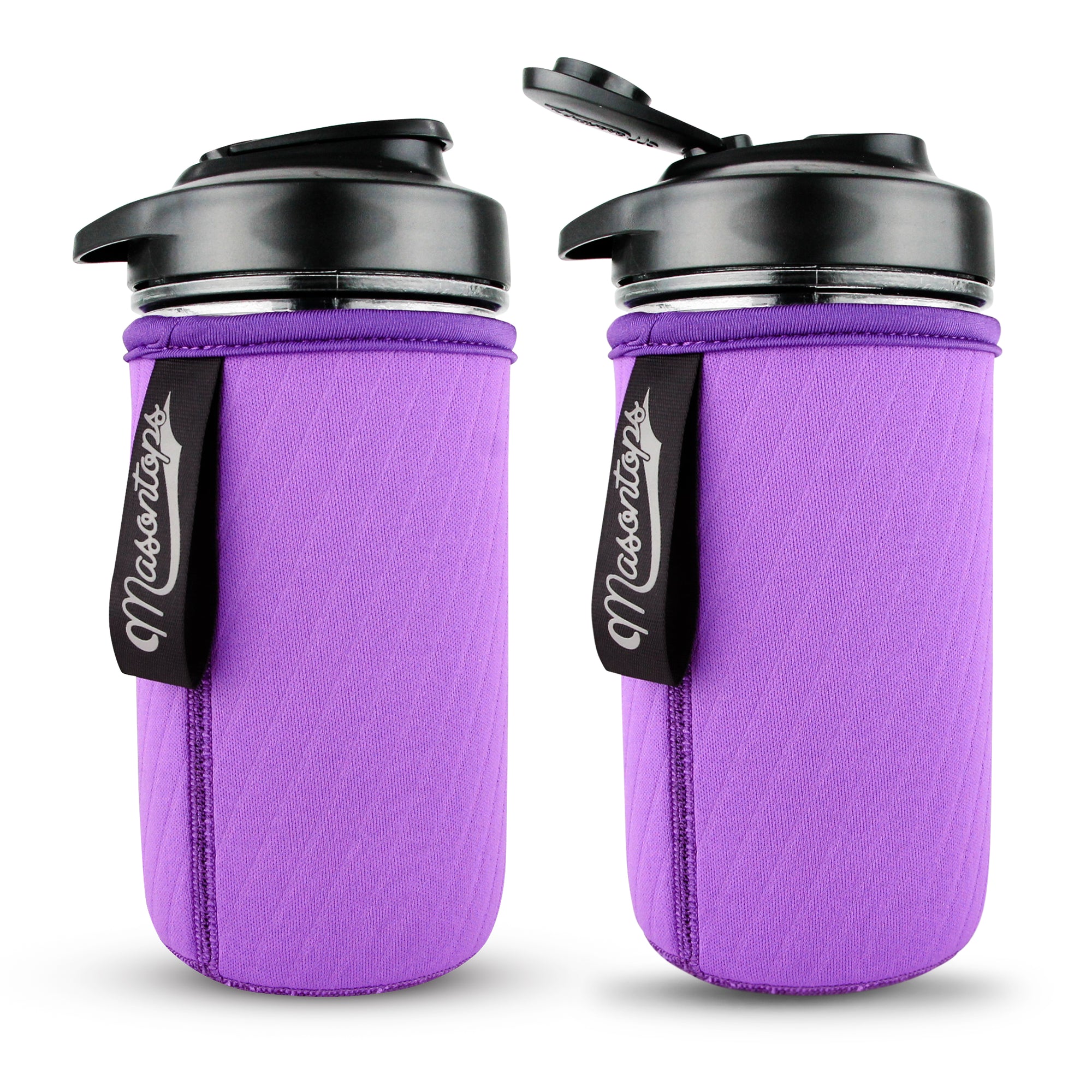 two mason jar bottles with black lids and purple sleeves on a white background 