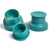 teal cocktail shaker lids on a white background