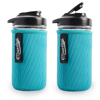 two mason jar water bottles with blue sleeves on a white background