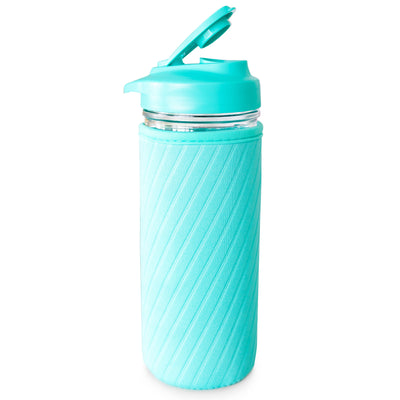 blue mason jar water bottle on a white background