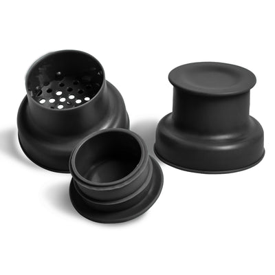 black cocktail shaker lids on a white background