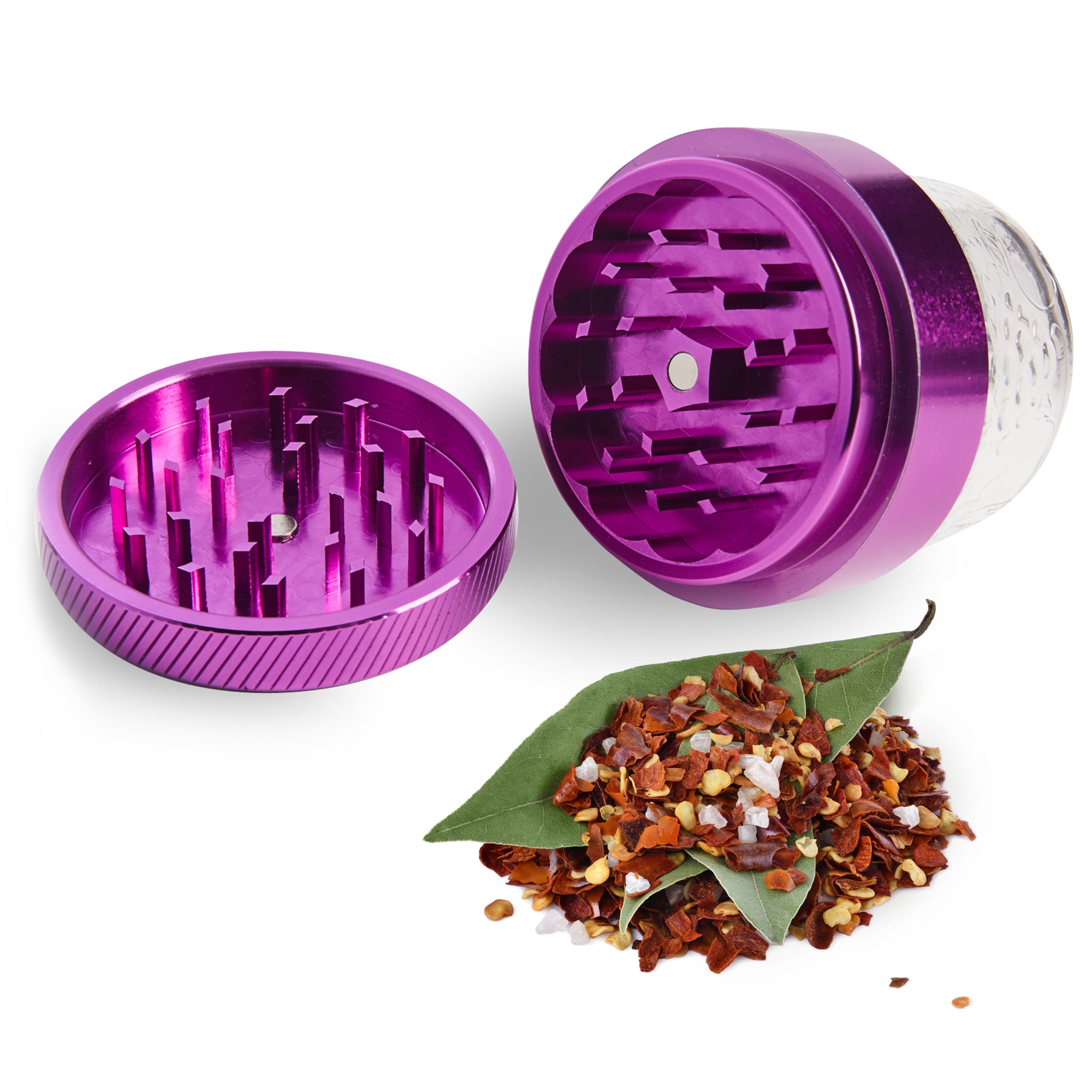 purple herb grinder on a white background