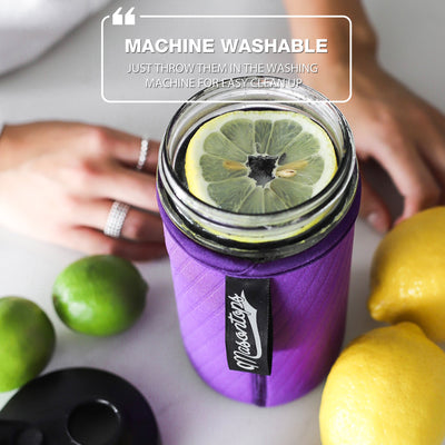 purple jar sleeve on a mason jar with water inside it