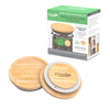 timber top lids and their packaging on a white background