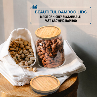 timber top lids with mason jar and almonds inside them.